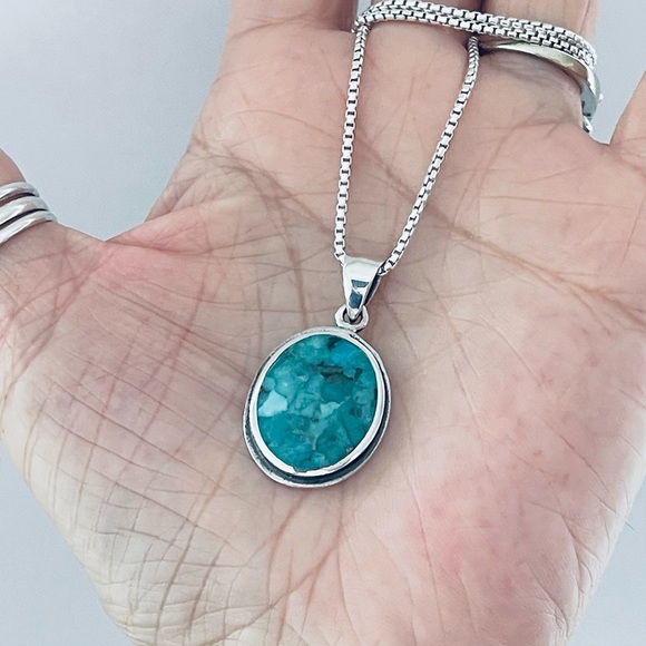 Sterling Silver Large Round Genuine Turquoise Necklace, Boho Necklace - Picture 2 of 13